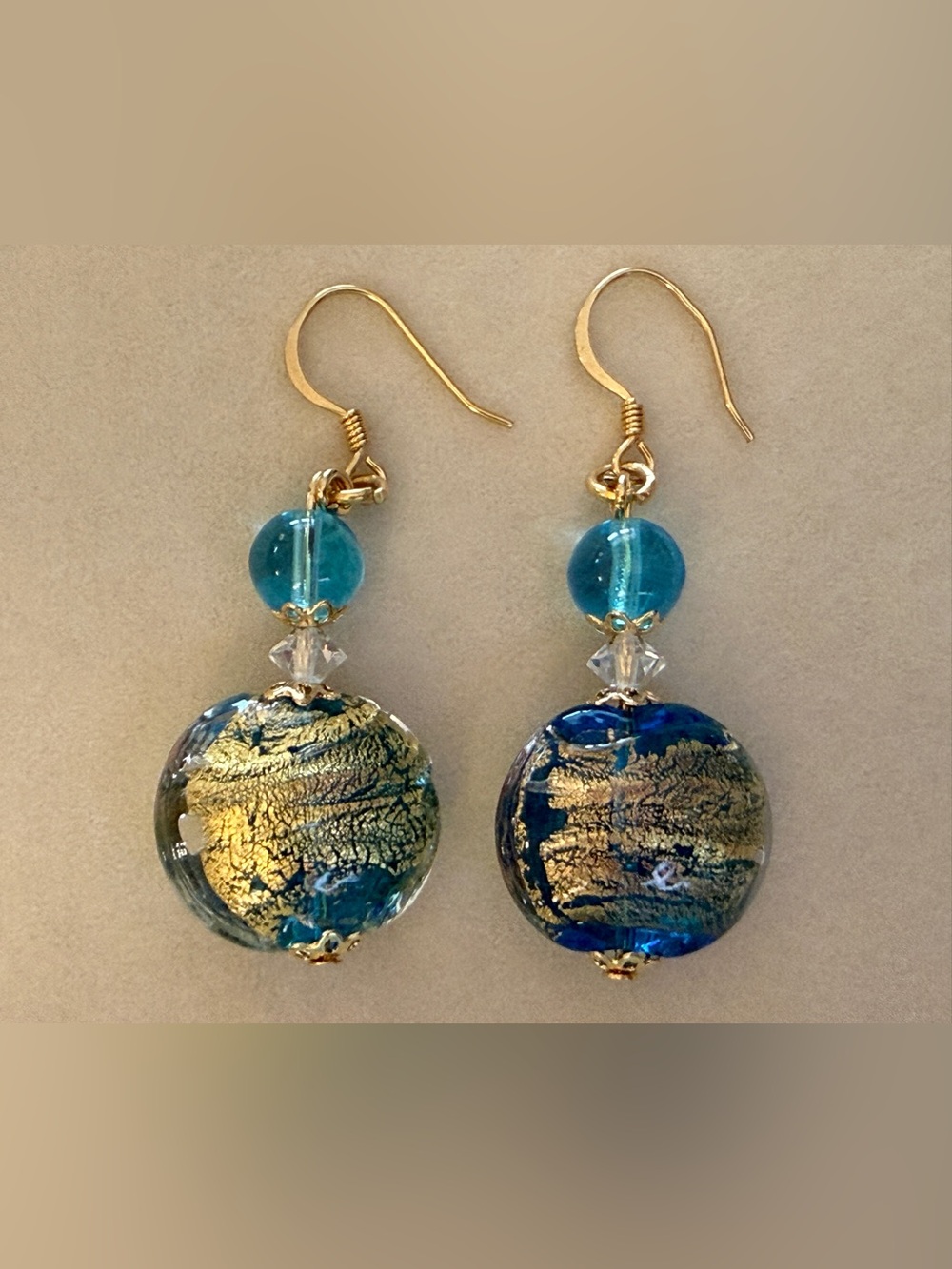 Handcrafted Murano Glass Dangle Earrings Aqua Blue Gold Foil Venetian Beads